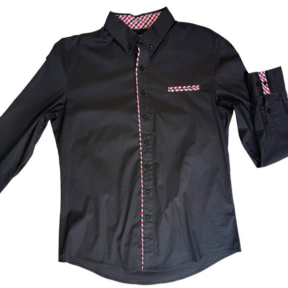 Tom's Ware Black Dress Shirt Mens Large Red White Check Contrast Trim Roll Cuff - Picture 3 of 12